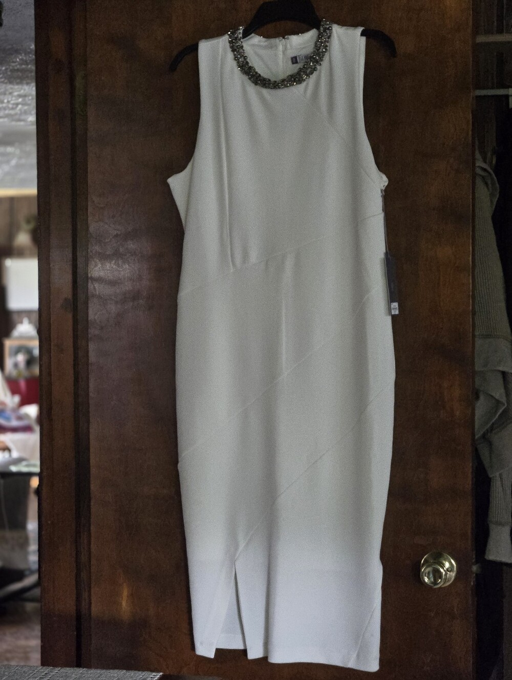 Jennifer Lopez White Sleeveless Midi Dress with Jeweled Neckline